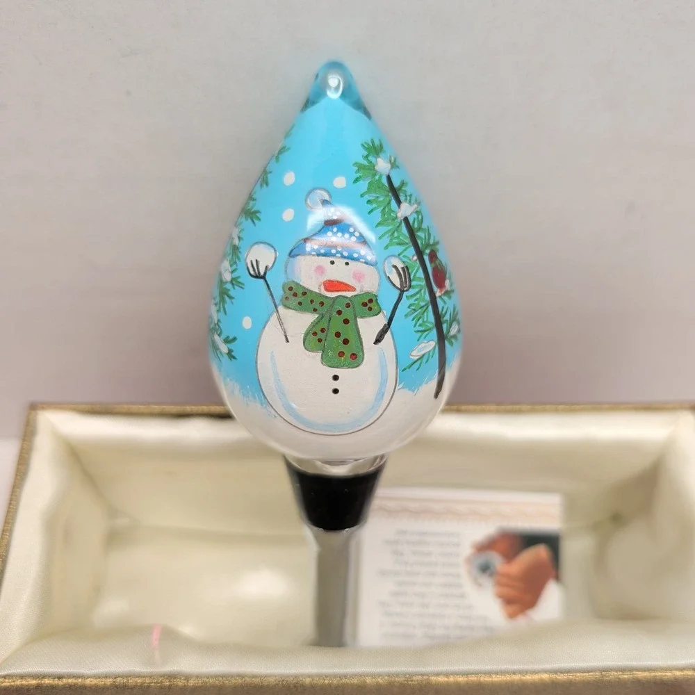 Pier 1 Li Bien Hand Painted Glass Wine Bottle Stopper 2014 Snowman Winter Scene